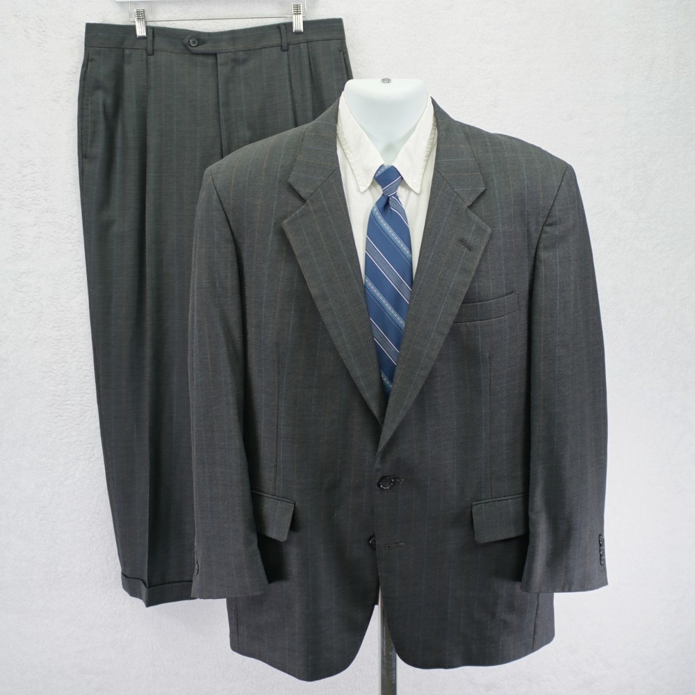 Jos A Bank Wool Daniel Blue Brown Striped Will 2 Piece Suit 44R  36 / 30 Pleated